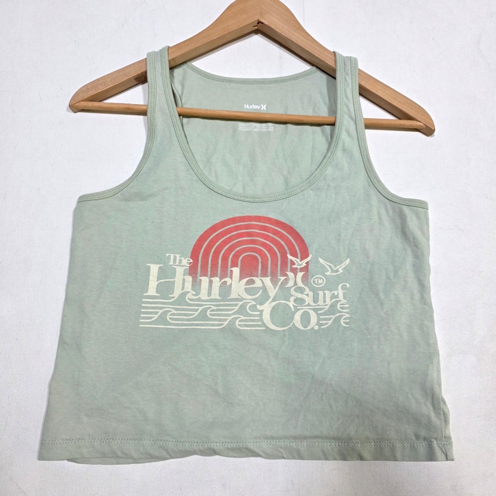 Hurley Surf Co Graphic Tank Top Womens Medium Sage Green Sleeveless Crop Tee